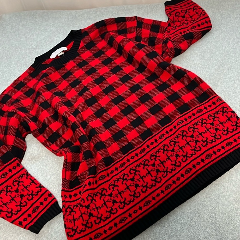 Y2K 90s Boxy Tunic Sweater Medium Oversized Grunge Red Christmas Grandma Vintage
